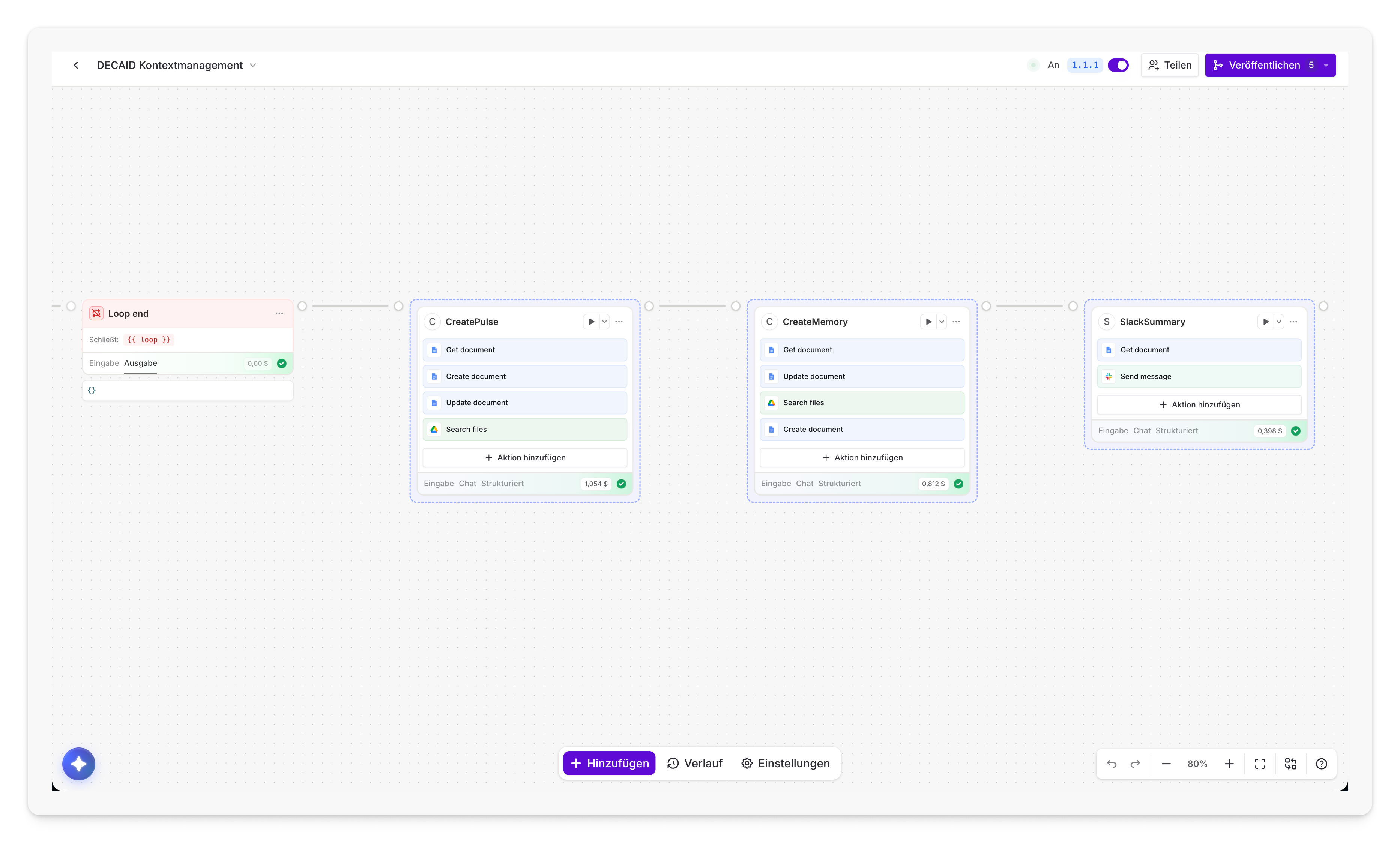 Langdock Workflows Canvas &ndash; Example of a production workflow with Loop, Agent Nodes, and Slack integration